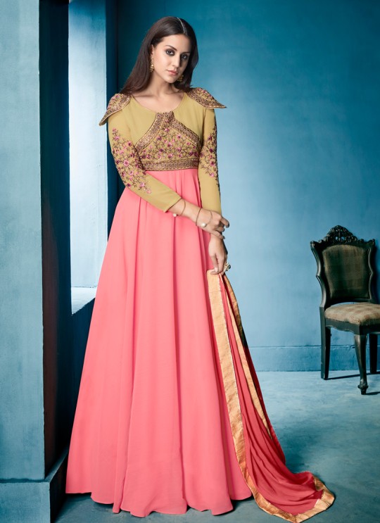 Pink Faux Georgette Party Wear Ready Made Gown Style Anarkali 167 By Vardan