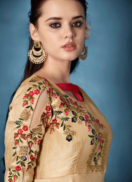 Beige Morvi  Silk Party Wear Ready Made Three Piece Gown 173 By Vardan