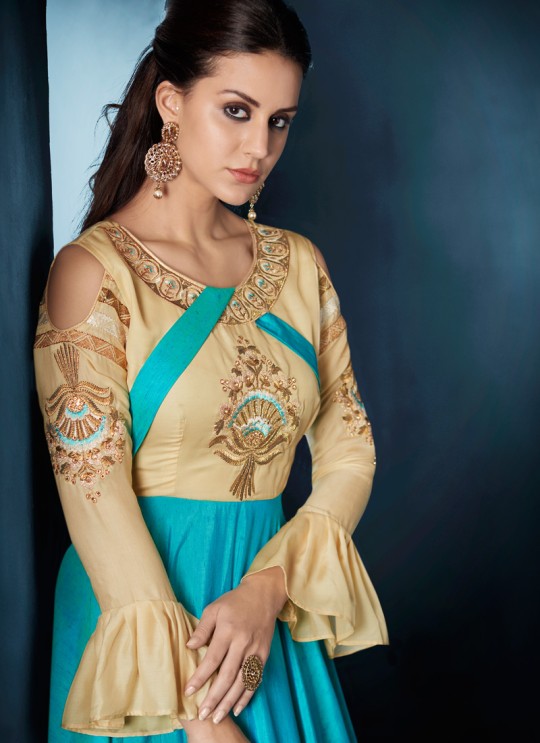 Turquoise Tapeta Silk Party Wear Ready Made Gown 176 By Vardan
