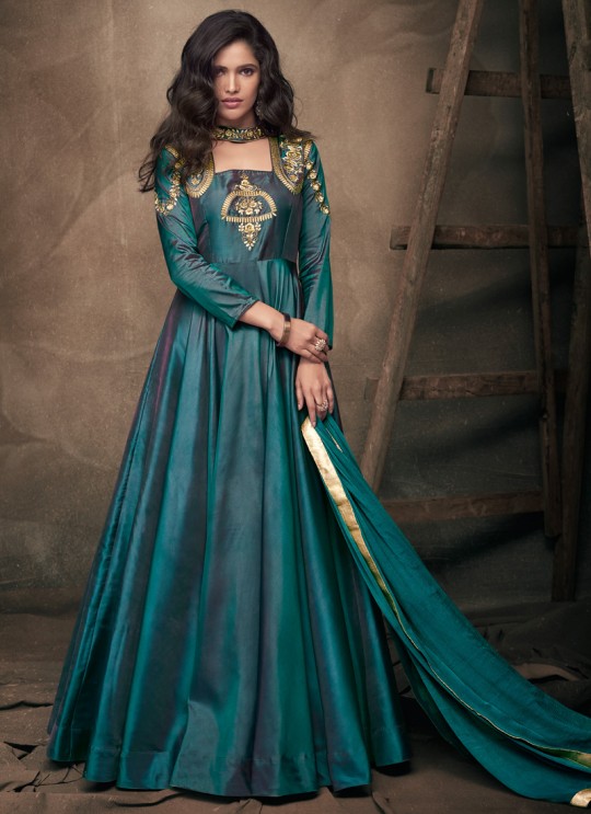 Teal Green Tapeta Silk Evening Ready Made Gown 181 By Vardan