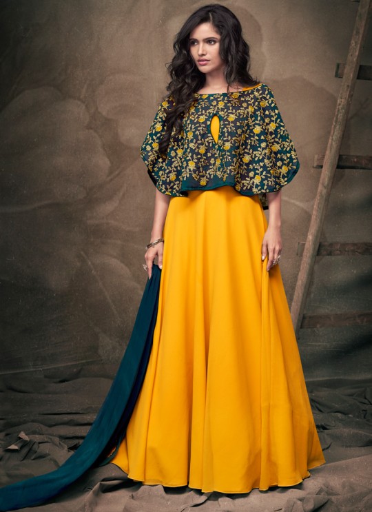 Yellow Tapeta Silk Evening Ready Made Gown 182 By Vardan