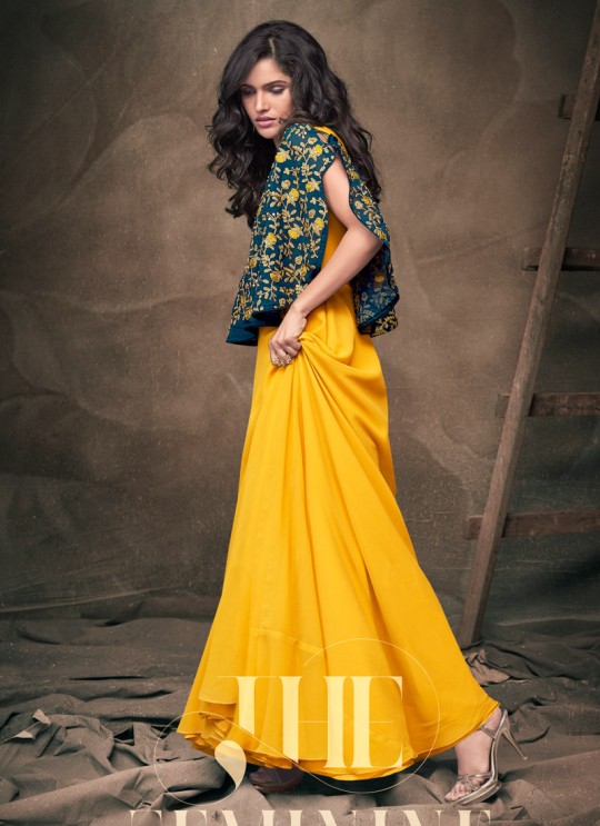 Yellow Tapeta Silk Evening Ready Made Gown 182 By Vardan