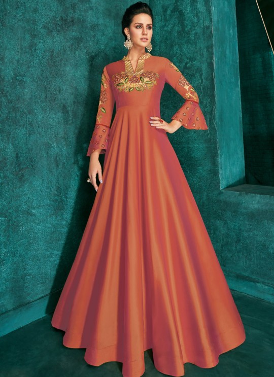 Rozi Diamond Vol 1 By Vardan 51018G Orange Party Wear Triva Silk Designer Gown