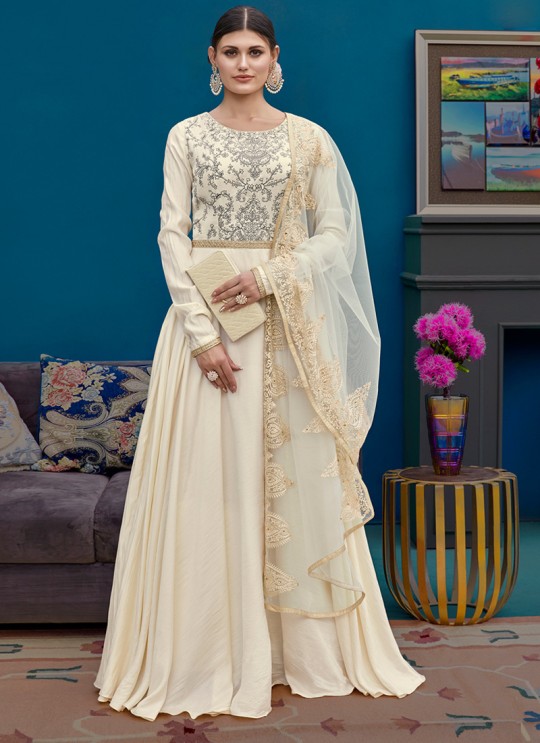 Cream Silk Party Wear Gown Style Anarkali Alicia 10127 By Vipul Fashions
