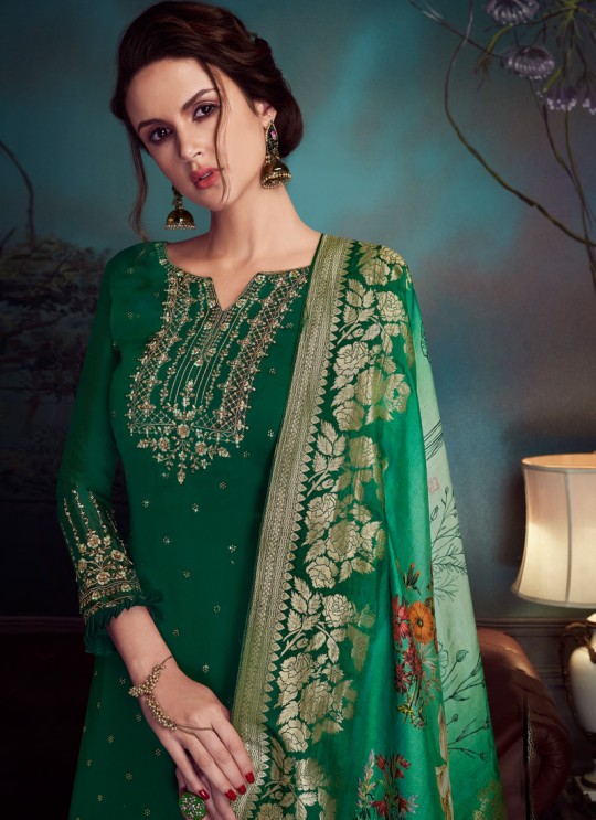 Green Satin Georgette Party Wear Straight Cut Suit Sawrovski  4541 By Vipul Fashions