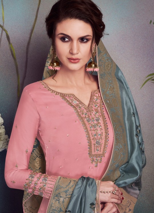 Pink Satin Georgette Party Wear Straight Cut Suit Sawrovski  4542 By Vipul Fashions