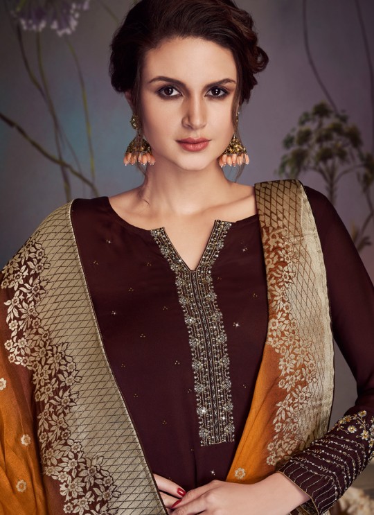 Brown Satin Georgette Party Wear Straight Cut Suit Sawrovski  4548 By Vipul Fashions