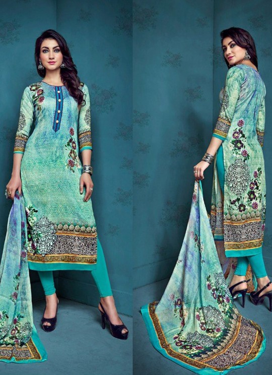 Turquoise Cotton Satin Festival Straight Cut Suit Shanaya 4005 By Zaira SC/010682