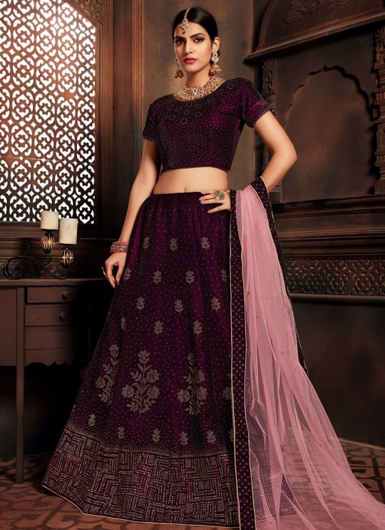 Purple Velvet Embroidered A-Line Lehenga For Indian Brides Zikkra Vol 11 By Zikkra 11004
