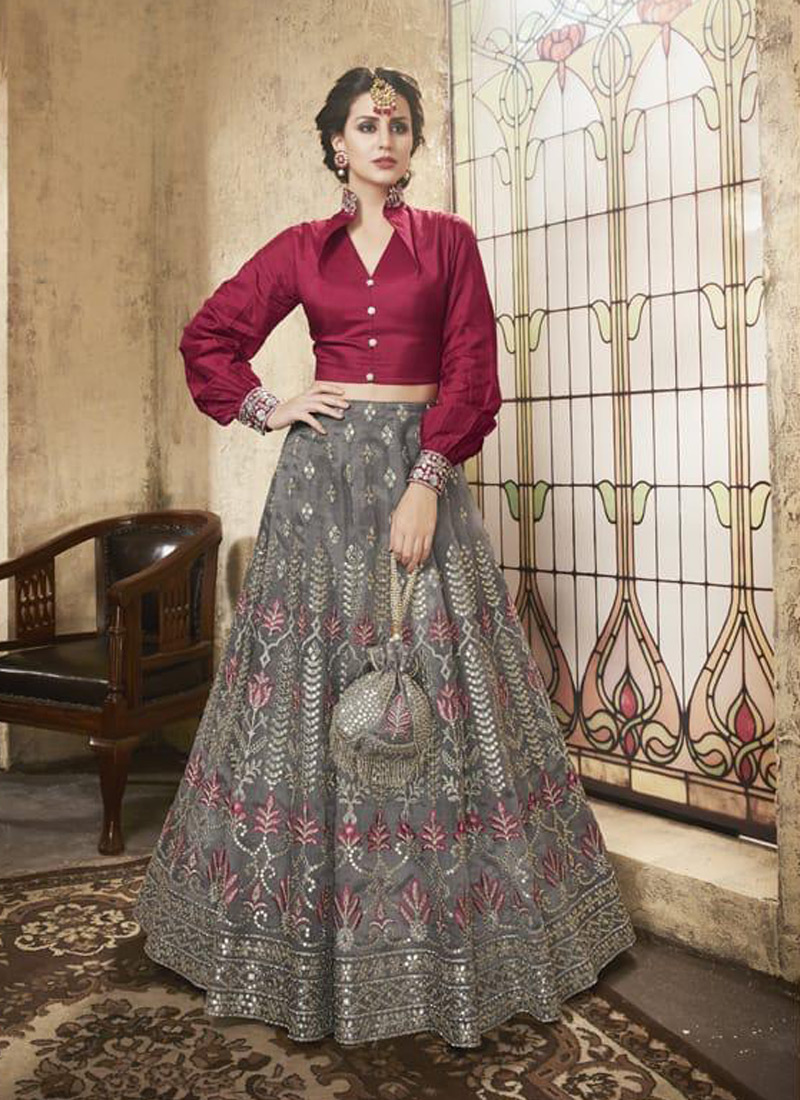 Shop Online Grey Net Indo Western A Line Ghagra Choli Festive 28002 set By Zoya SC 013913 Lehenga Choli Lehenga Choli Supplier India At www.suryavansicreation Zoya 28001 Series Lehenga Choli