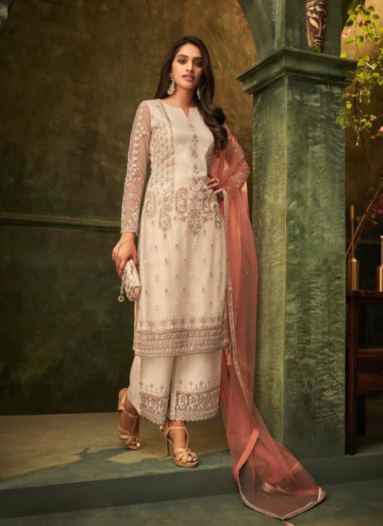 Off White Net Party Wear Pant Style Suit Emotions 32003 By Zoya