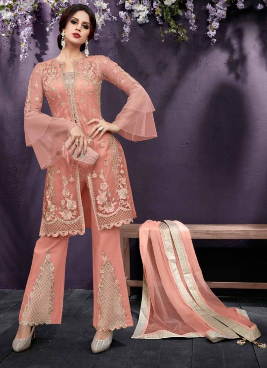 Peach Party Wear Embroidered Pant Style Suit Ziona 25016 By Zoya