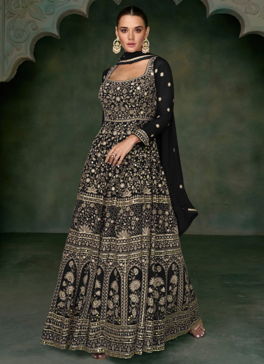 Black Georgette Zari Semi-Stitched Gown 5350B Black Georgette Zari Semi-Stitched Gown 5350B