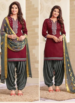 Maroon Jam Silk Cotton Embroidered Punjabi Suit Patiala Club Vol-3 1031 By Sparrow