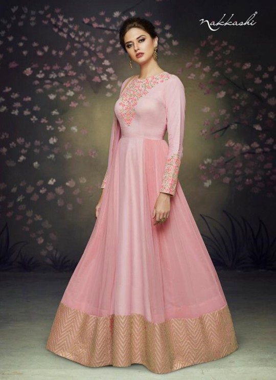 Pink Satin Silk Embroidered Party Wear Gown Style Anarkali Rare 3075 By Nakkashi SC/013503