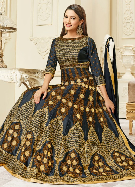 Black Mulberry Silk Embroidered Floor Length Anarkali Suit Hayat 26002 By Arihant