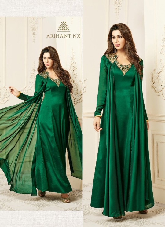 Green Satin Georgette Embroidered Patch Work Party Wear Kurti SILKY TOUCH NX 4008 By Arihant
