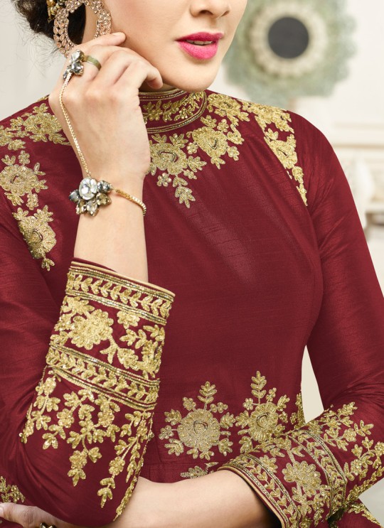 Aashirwad Simran Gold Maroon Silk Anarkali Suit By Aashirwad Simran Gold-1001A Brown