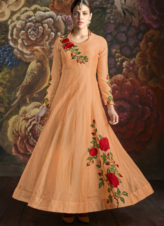 Aashirwad Nikki Special Color Peach Art Silk Gown Style Anarkali Suit By Aashirwad Nikki-1001e