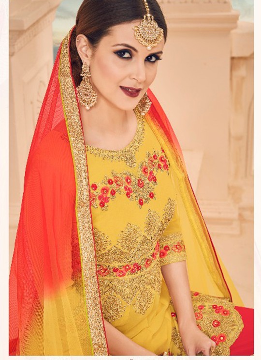Yellow Geoegette Pakistani Sharara Salwar Kameez DULHAN-6 14003 By Deepsy Yellow Geoegette Pakistani Sharara Salwar Kameez DULHAN-6 14003 By Deepsy