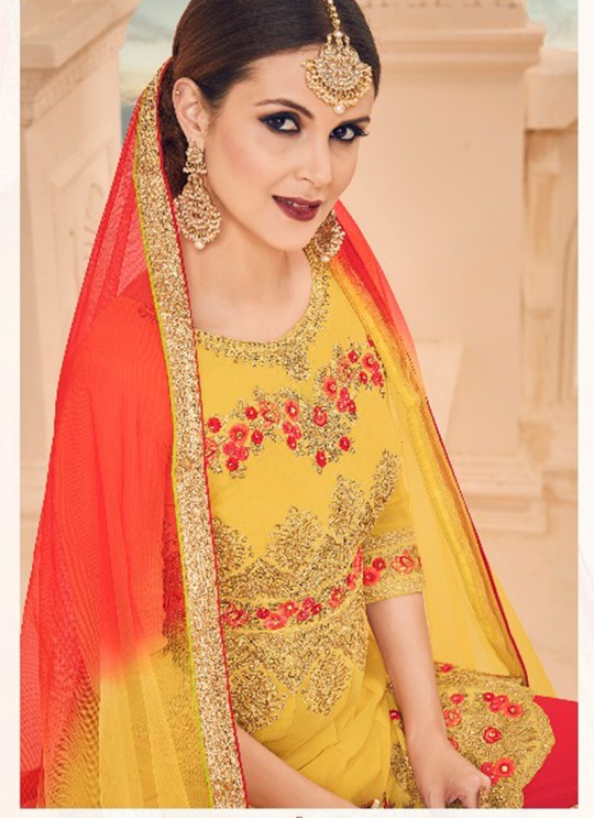 Yellow Geoegette Pakistani Sharara Salwar Kameez DULHAN-6 14003 By Deepsy