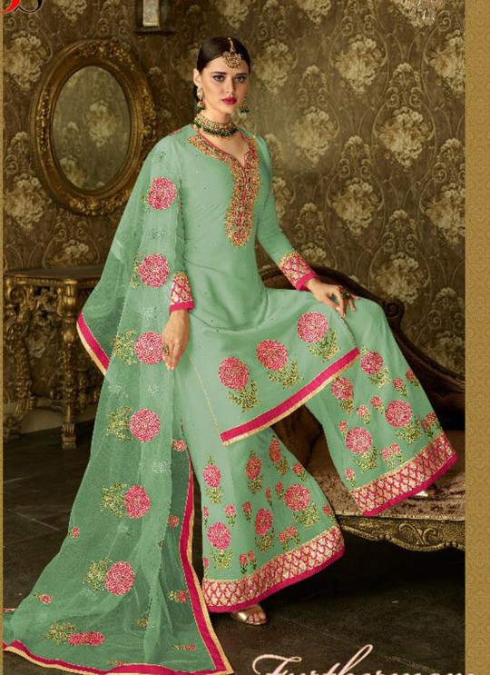 Green Geoegette Pakistani Palazzo Suit DULHAN 2 BRIDEL COLLECTION 2002B Color By Deepsy
