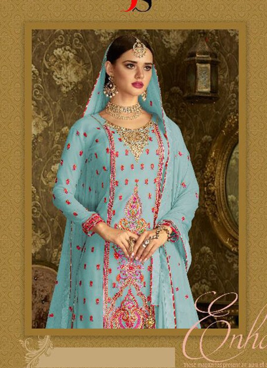 Ice Blue Geoegette Pakistani Sharara Salwar Kameez DULHAN 2 BRIDEL COLLECTION 2004C Color By Deepsy