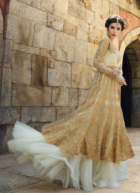 Off-white Net Gown Style Anarkali 12001 Series 12006 By Glossy