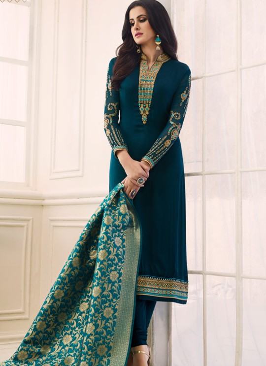 Blue Satin Georgette Straight Suit SIMAR SHABANA 12006 By Glossy Full Set