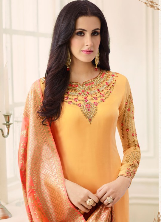 Yellow Satin Georgette Straight Suit SIMAR SHABANA 12009 By Glossy