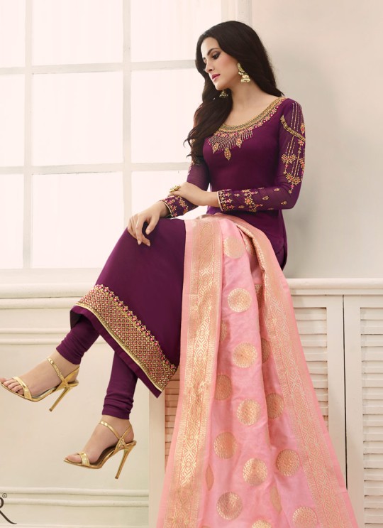Magenta Satin Georgette Straight Suit SIMAR SHABANA 12006 By Glossy Full Set
