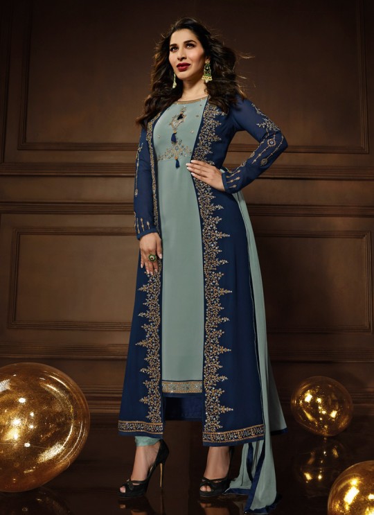 Blue Georgette Wedding Wear Jacket Style Suit KOTI 10081S By Karma Trendz Blue Georgette Wedding Wear Jacket Style Suit KOTI 10081S By Karma Trendz