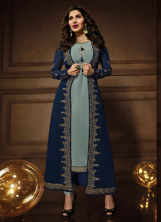Blue Georgette Wedding Wear Jacket Style Suit KOTI 10081S By Karma Trendz Blue Georgette Wedding Wear Jacket Style Suit KOTI 10081S By Karma Trendz