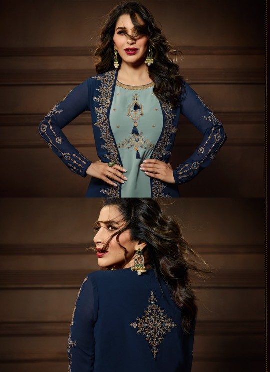 Blue Georgette Wedding Wear Jacket Style Suit KOTI 10081S By Karma Trendz