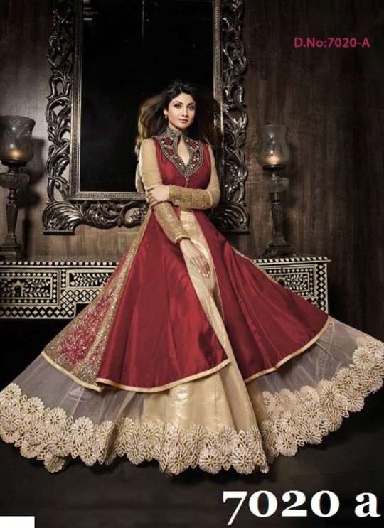 Maroon Gold Silk & Net Wedding Wear Skirt Kameez 7020 Color 7020A By Karma Trendz