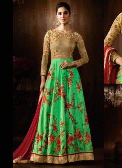 Green Art Silk Wedding Wear Floor Length Anarkali Mother & Daughter 8056 By Karma Trendz