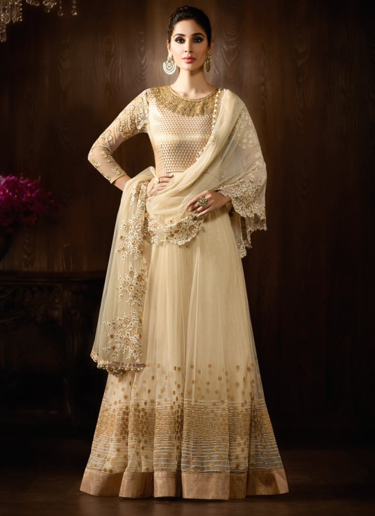 Cream Net Wedding Wear Floor Length Anarkali Mother 8059 By Karma Trendz
