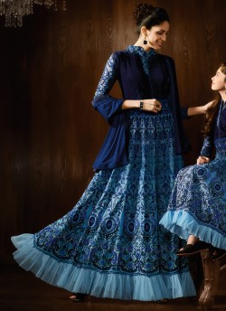 Blue Georgette Wedding Wear Floor Length Anarkali Mother & Daughter 8060 By Karma Trendz