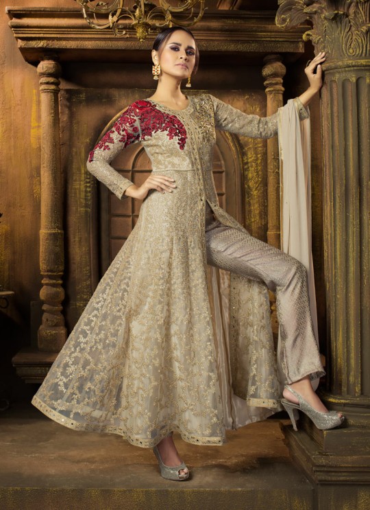 Beige Net Wedding Wear Jacket Style Suit Mother & Daughter 8192 By Karma Trendz