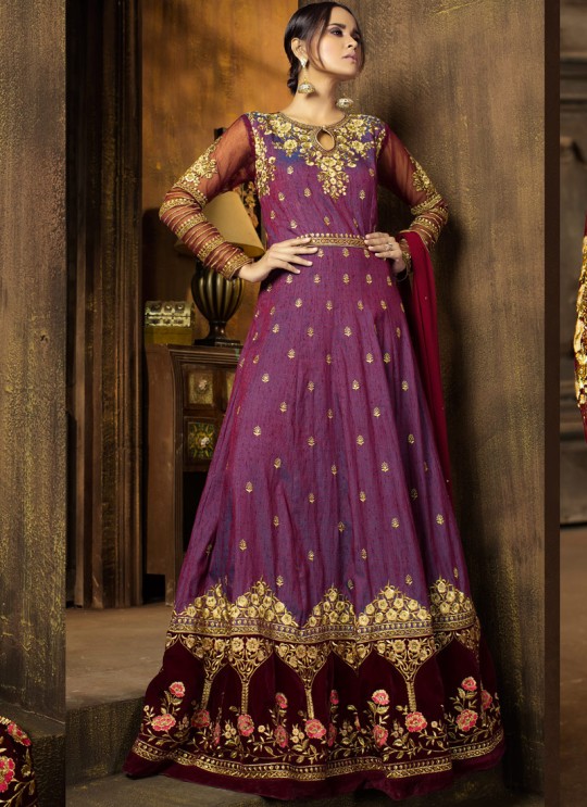Purple Silk Wedding Wear Floor Length Anarkali Mother & Daughter 8193 By Karma Trendz