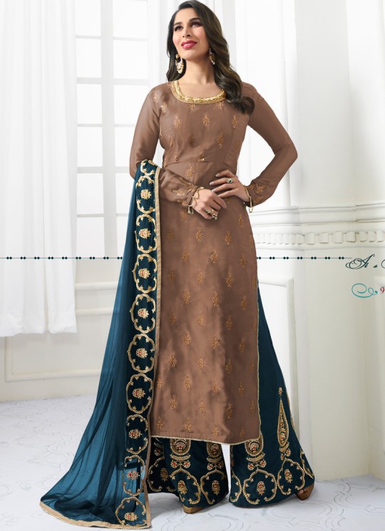Brown Modal Satin Wedding Wear Palazzo Suits Sophie 9009 Series 9009B Color By Karma Trendz