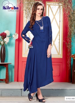 Navy Blue Rayon Cotton Printed Gown ANUSHKA-1001 Navy By Kilruba