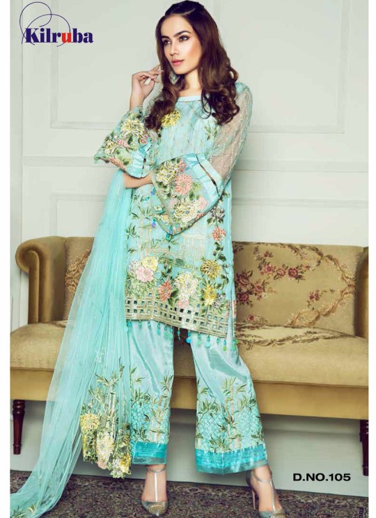Turquoise Georgette Embroidered Pakistani Suit ORIENT-105 By Kilruba Turquoise Georgette Embroidered Pakistani Suit ORIENT-105 By Kilruba