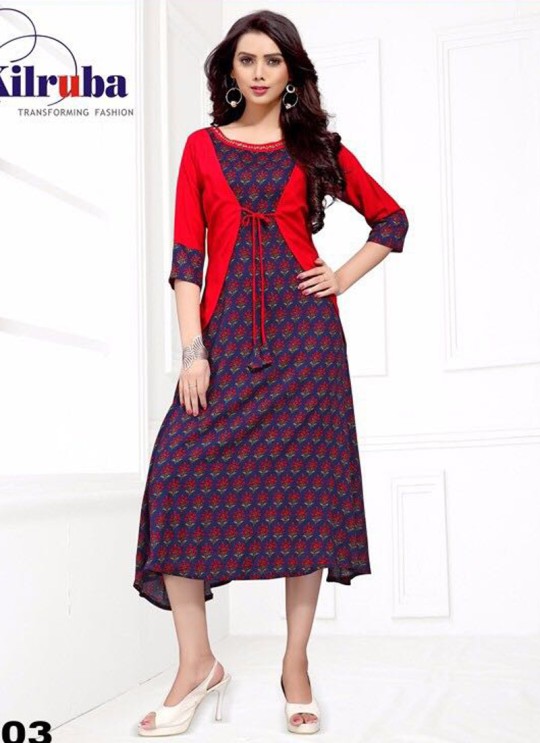 Red Blue Rayon Cotton Printed Party Wear Kurti LIBERATE-1003 By Kilruba