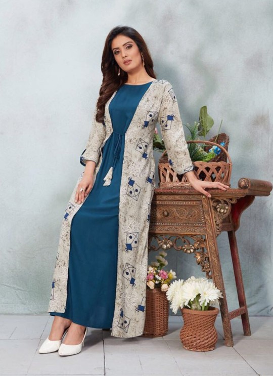 Blue Rayon Cotton Printed Floor Length Kurti Patang By Kilruba