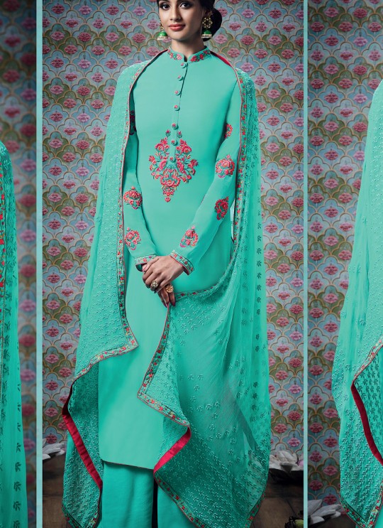 Light Green Georgette Palazzo Suit Kimora Heer 7303 SC/004008 Light Green Georgette Palazzo Suit Kimora Heer 7303 SC/004008