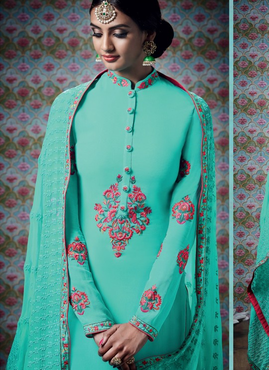 Light Green Georgette Palazzo Suit Kimora Heer 7303 SC/004008 Light Green Georgette Palazzo Suit Kimora Heer 7303 SC/004008