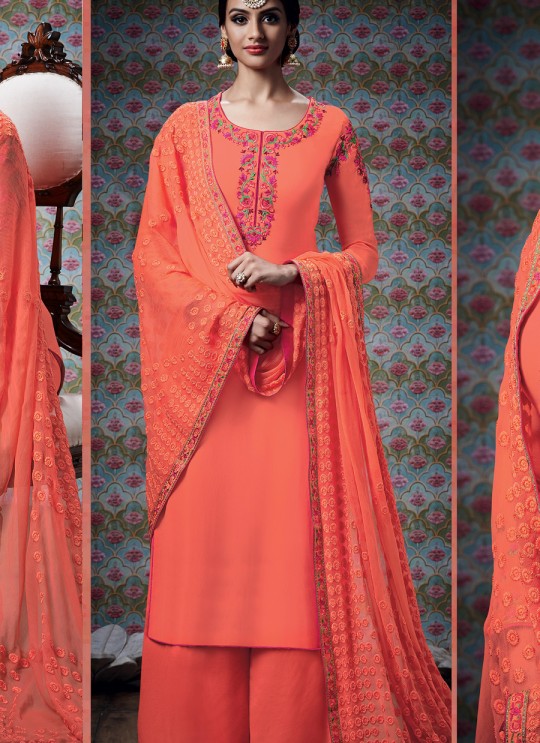 Orange Georgette Palazzo Suit Kimora Heer 7309 SC/004014 Orange Georgette Palazzo Suit Kimora Heer 7309 SC/004014