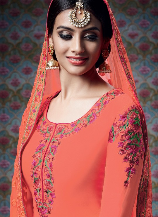 Orange Georgette Palazzo Suit Kimora Heer 7309 SC/004014 Orange Georgette Palazzo Suit Kimora Heer 7309 SC/004014