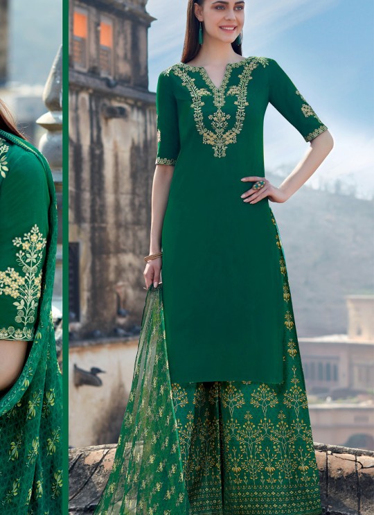 Green Cotton Satin Palazzo Suit Kimora Heer 8910 SC/010378